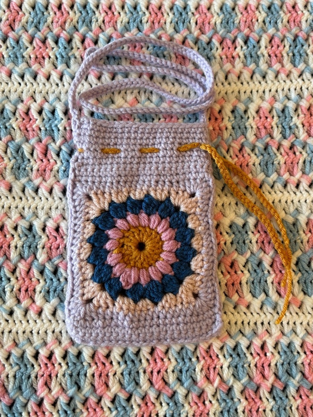 Hand Crafted Lavender Crochet Crossbody with Mustard & Navy Floral Medallion